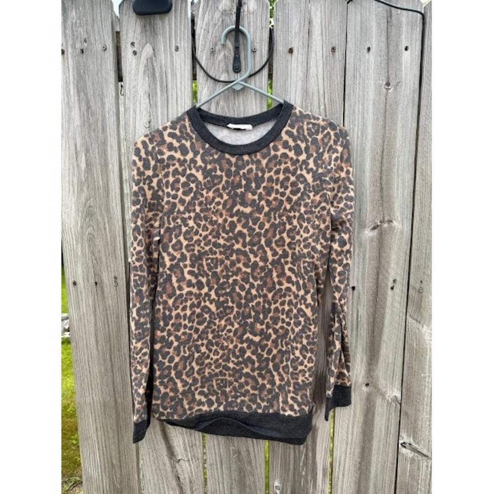 First Look Womens Leopard Print Sweatshirt Long‎ Sleeve Crew Neck Brown Grey S